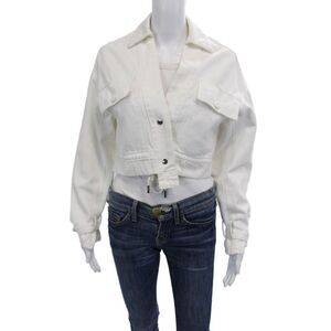R+A Womens Cropped Snap Closure Jean Jacket White Size 2XS